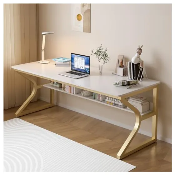 OSCHF Extra langer Schreibtisch mit Ablage – Weiß & Gold